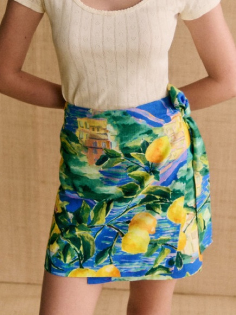 SEZANE X MOMONI Lola Skirt in Procida, Blue Yellow Lemon-Print Mini Wrap Skirt